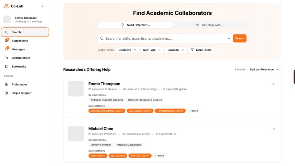 Research collaboration platform interface