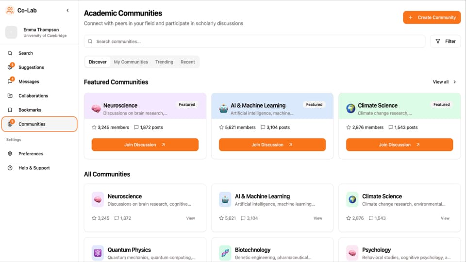 Research opportunities dashboard